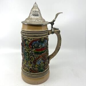 Vintage German Lidded Beer Stein Mug w/ "Siegestor" & "Hofbrau haus" & "Munchen"